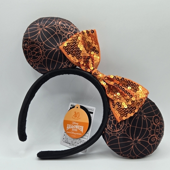 Disney Tokyo Halloween Spider Web 40th Anniversary Minnie Mouse Ear Black Orange